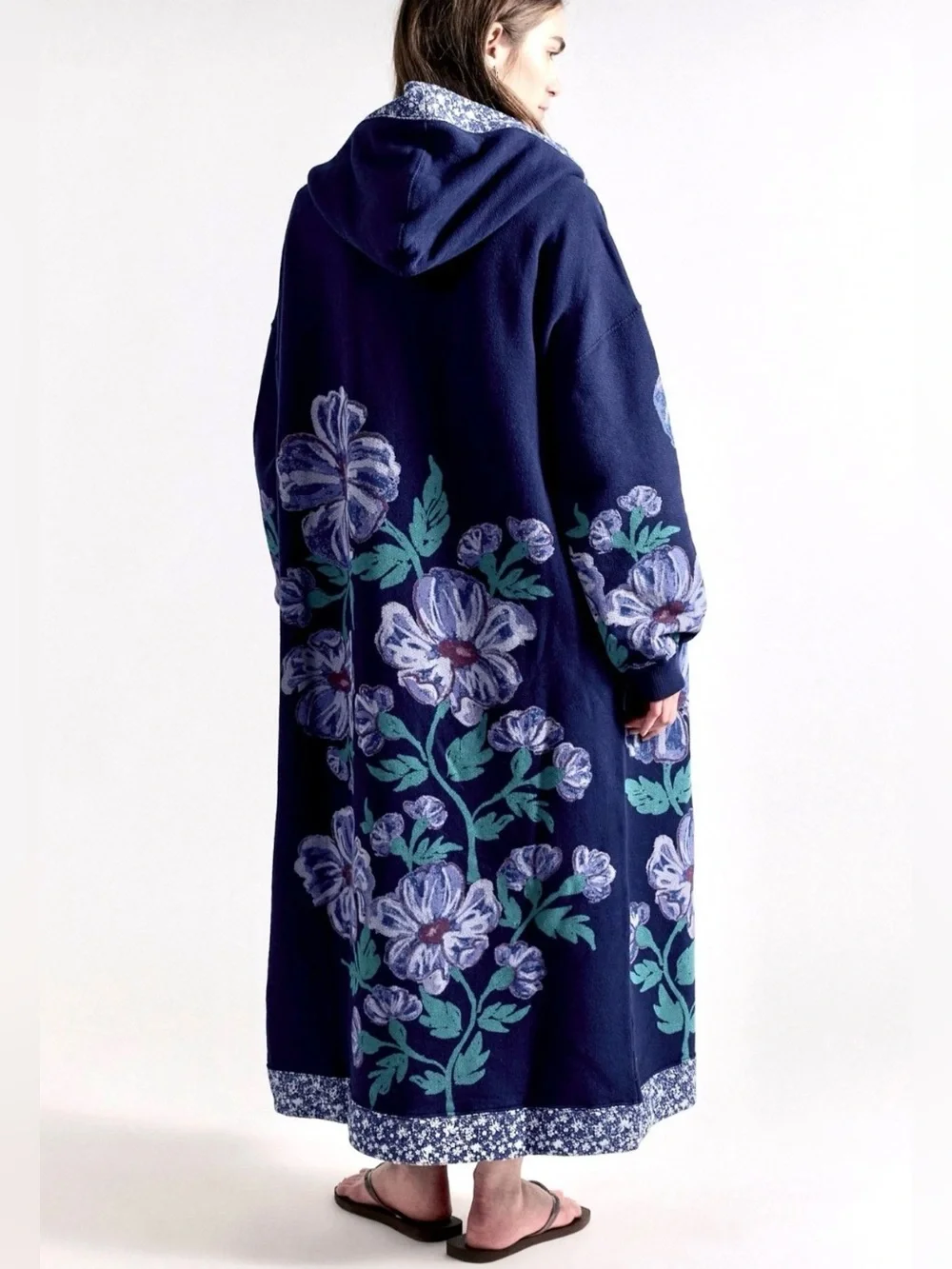 Free People Super Bloom Hood Maxi Sweatshirt Maxi Cardi Coat Blue Flowers